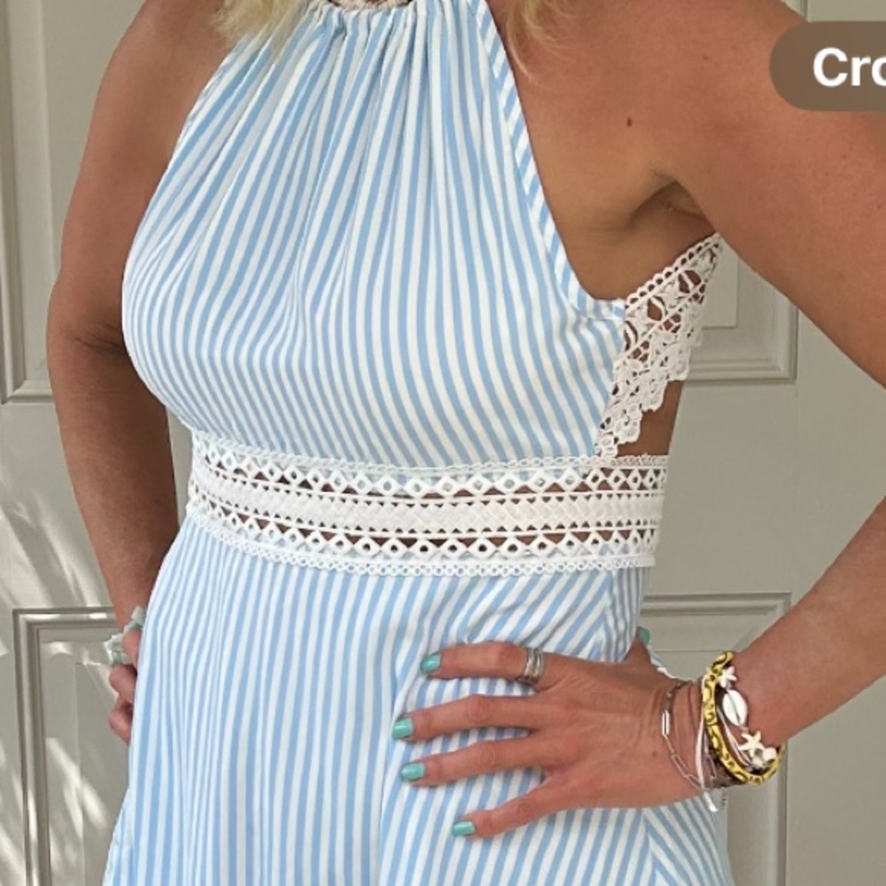 Elegant Blue Striped Backless Dress